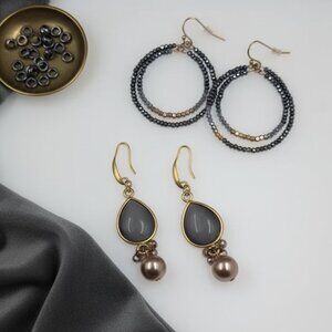 Chic Neutral Tone Earring Duo: Teardrop Dangle & Double Beaded Hoop Bundle
